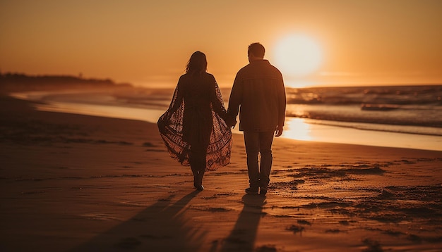 Heterosexuelles Paar, das am Strand spazieren geht und Händchen hält, generiert von KI