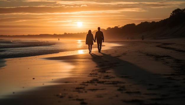 Heterosexuelles Paar, das bei Sonnenuntergang am Strand spazieren geht, generiert von KI