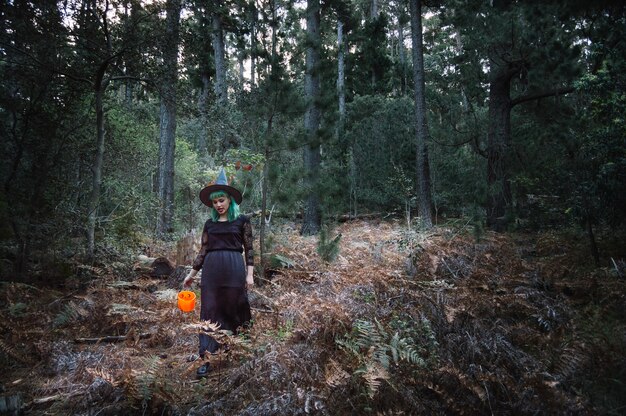 Hexe mit Eimer zu Fuß in Wald