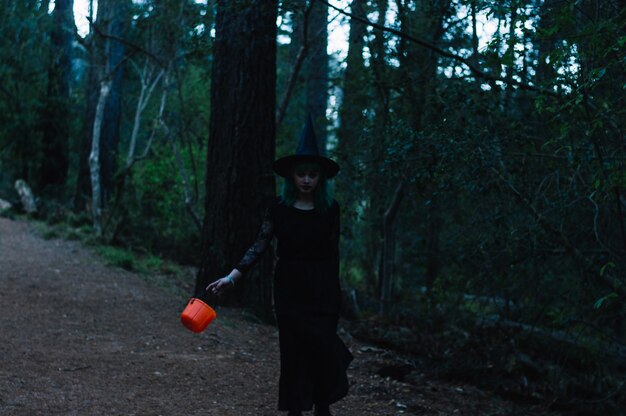 Hexe mit Korb zu Fuß durch Wald