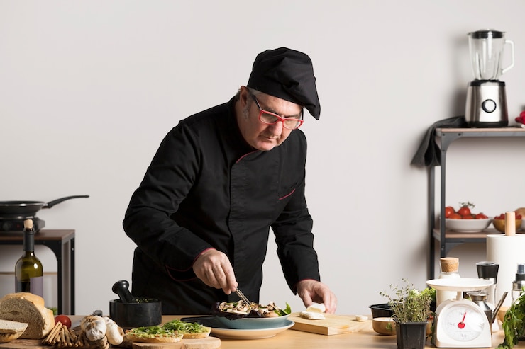 Kostenlose Foto high angle chef bereitet salat zu
