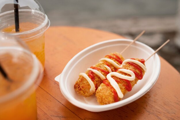 High Angle Corn Dogs und Soda-Sortiment