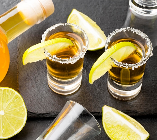High Angle Gold Tequila Shots und Limette mit Salz und Flasche