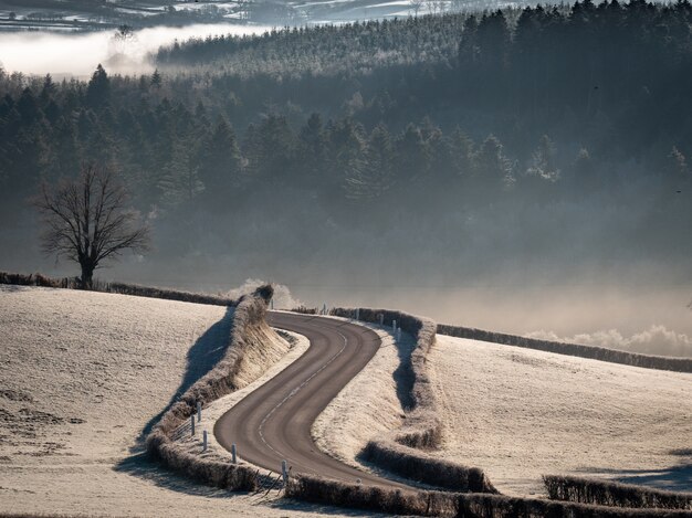 High Angle Shot einer kurvigen Straße mitten in schneebedeckten Feldern mit bewaldeten Hügeln