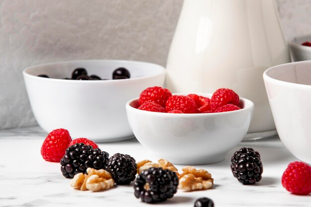 High Angle Zusammensetzung von gesunden Schüssel Getreide mit Beeren