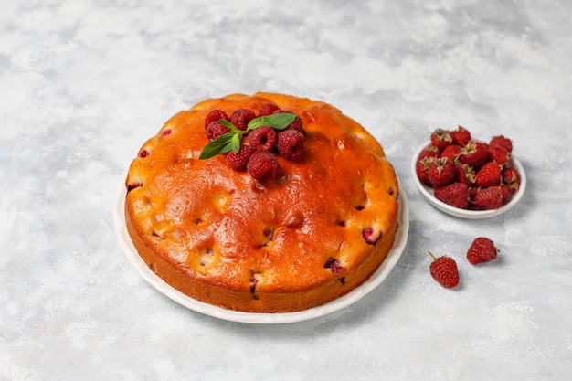 Himbeerkuchen mit Puderzucker und frischen Himbeeren auf einem Licht. Sommerbeerendessert.