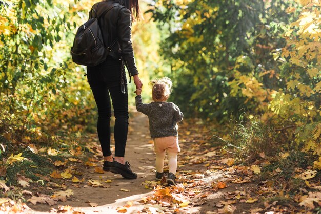 Hintere Ansicht der Mutter und der Tochter, die in Wald gehen