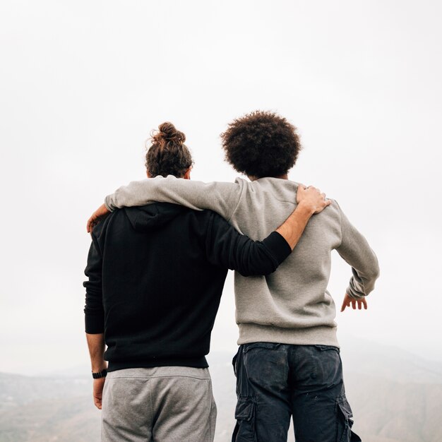 Hintere Ansicht von den multi ethnischen jungen männlichen Wanderern, die Ansicht übersehen