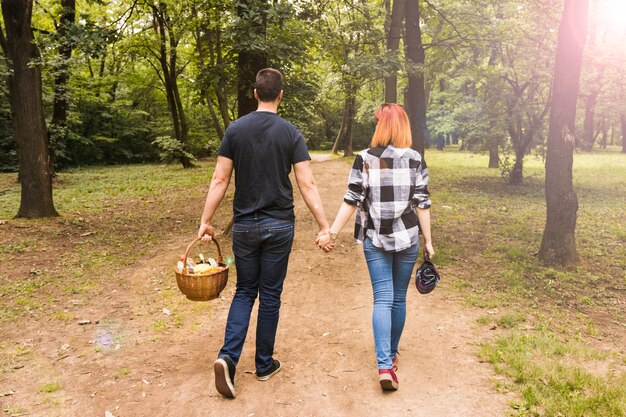 Hintere Ansicht von den Paaren, die Picknickkorb geht auf dirroad im Park halten