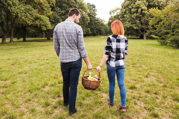 Hintere Ansicht von den Paaren, die Picknickkorb geht im Park halten