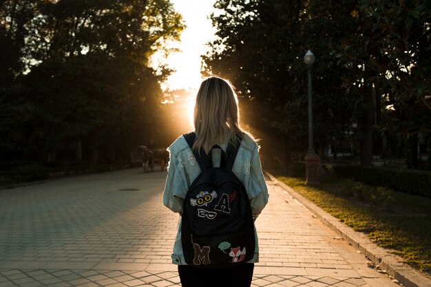 Hintere Ansichtfrau, die Sonnenuntergang betrachtet