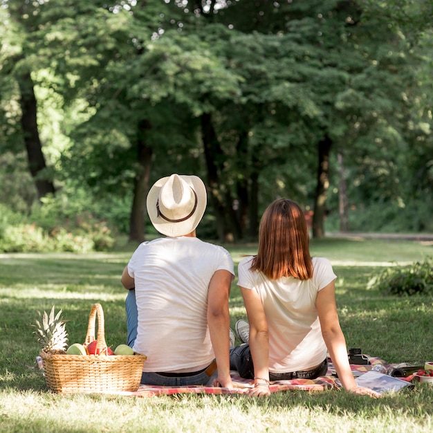 Kostenloses Foto hintere ansichtpaare, die auf einer decke am picknick sitzen