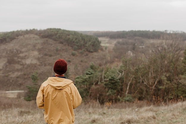 Kostenloses Foto hinterer ansichtreisender, der landschaft betrachtet