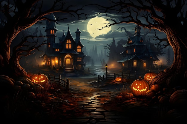 Kostenloses Foto hintergrund der halloween-szene mit kürbissen, fledermäusen und vollmond