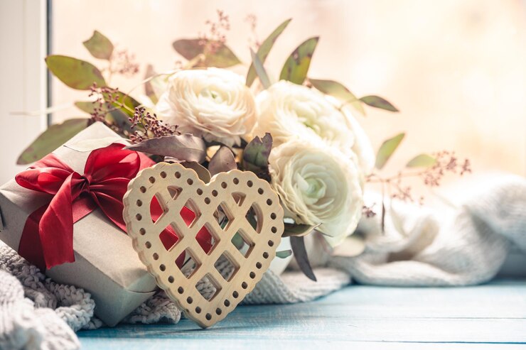 Kostenlose Foto hintergrund für den valentinstag mit einer dekorativen herz-geschenkbox und blumen
