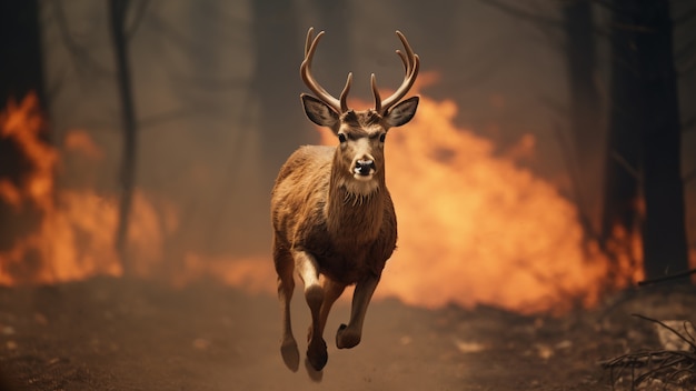 Hirsche, die vor einem Waldfeuer fliehen