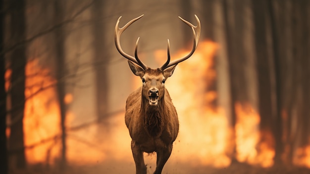 Kostenloses Foto hirsche, die vor einem waldfeuer fliehen