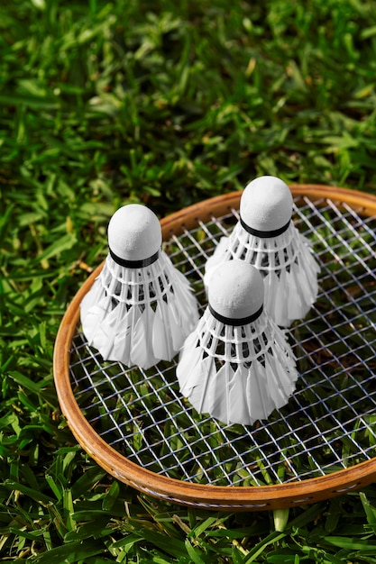 Kostenloses Foto hochwinkel-badminton-federbälle und rakete