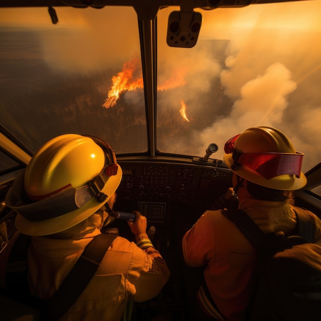 Kostenloses Foto hochwinkel-feuerwehrleute versuchen, ein lauffeuer zu löschen