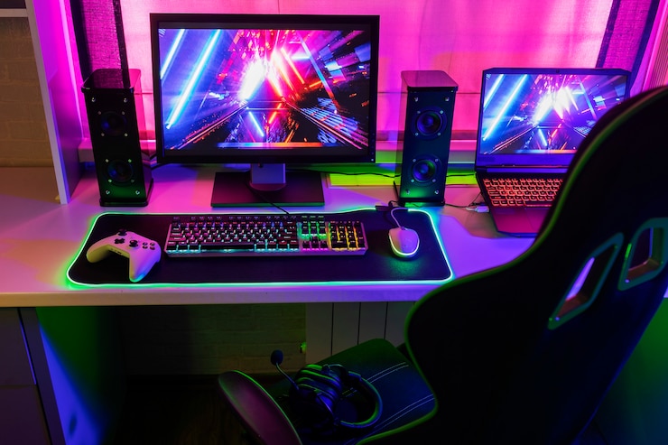 Kostenlose Foto hochwinkel-gaming-setup mit computer