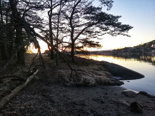 Hochwinkelaufnahme eines Flusses während eines hypnotisierenden Sonnenuntergangs in Ostre Halsen, Norwegen