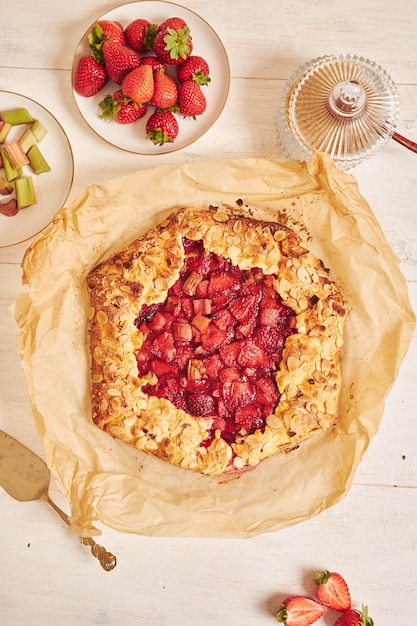 Kostenloses Foto hochwinkelaufnahme von köstlichem rhabarber- und erdbeerkuchen mit zutaten auf einem weißen tisch