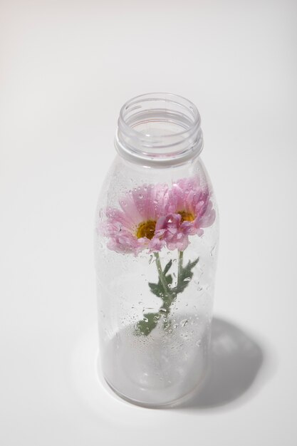 Hochwinkelige Plastikflasche mit Blume im Inneren