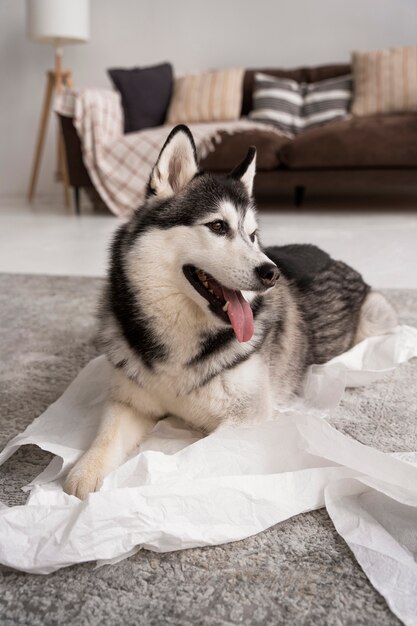 Hochwinkeliger Hund, der mit Toilettenpapier spielt