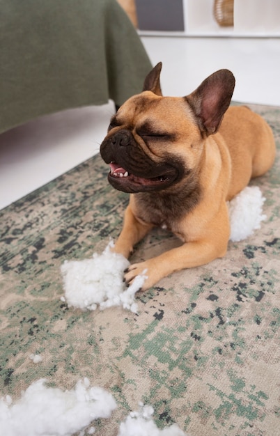 Kostenloses Foto hochwinkeliger süßer hund, der ein durcheinander macht