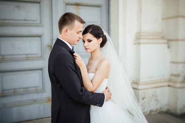 Hochzeit. Hochzeitstag. Schöne Braut und eleganter Bräutigam, die nach Hochzeitszeremonie gehen.