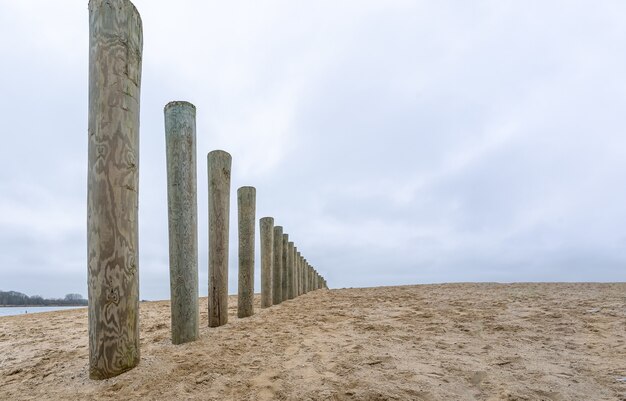 Hölzerne Wellenbrecherstangen an einem Strand unter einem bewölkten Himmel während des Tages