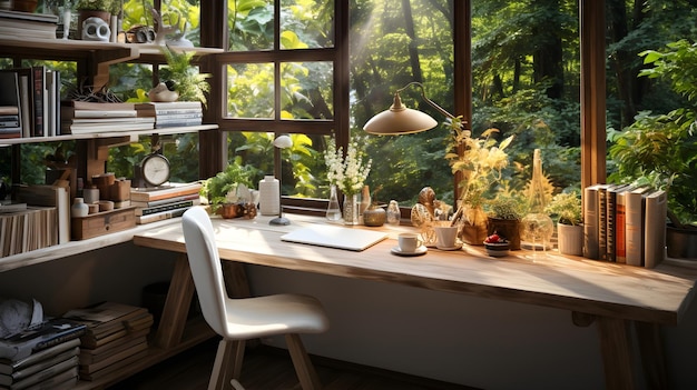 Hohe Auflösung eines realistischen Heimbüros mit Fensterblick