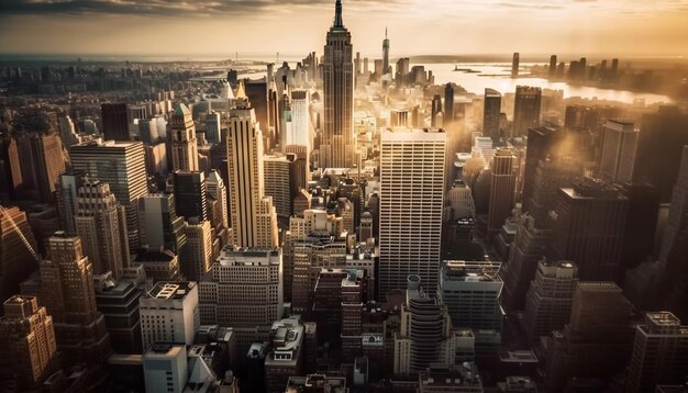 Hohe Wolkenkratzer beleuchten die moderne, von KI generierte Skyline einer Stadt