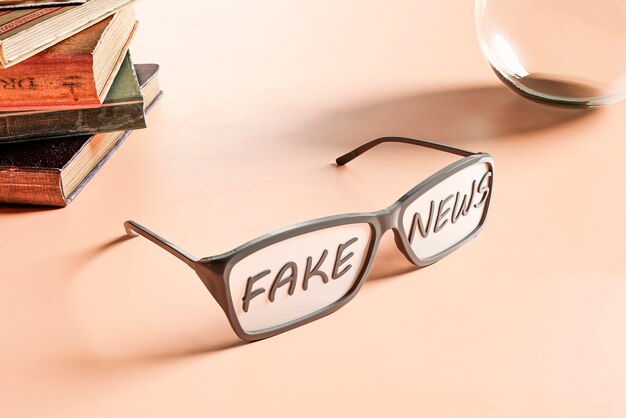 Hoher Brillenwinkel auf dem Tisch mit falschen Nachrichten
