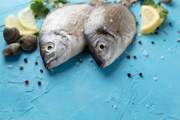 Kostenloses Foto hoher fischwinkel mit zitronenscheiben und muscheln