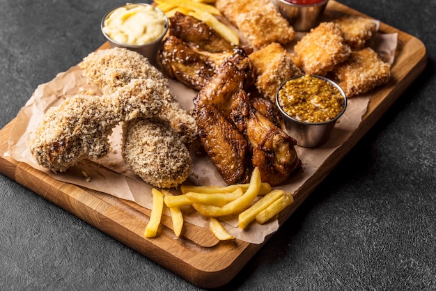 Hoher Winkel der gebratenen Hühnersorte mit Pommes Frites