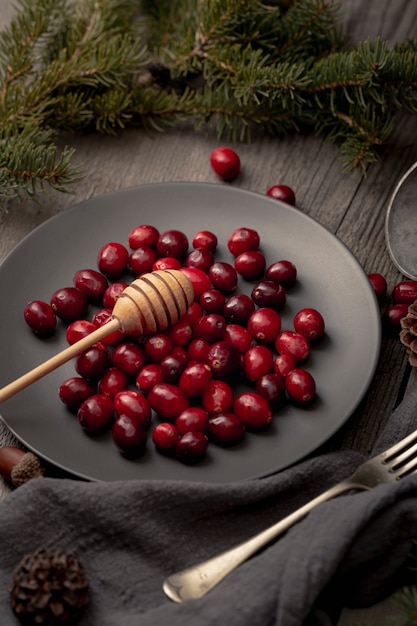 Hoher Winkel der Platte mit Moosbeeren und Honigschöpflöffel