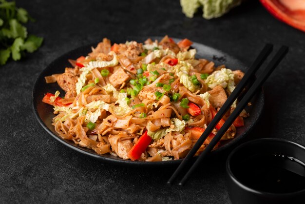 Hoher Winkel der traditionellen asiatischen Mahlzeit mit Stäbchen