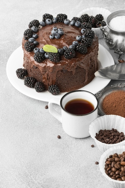 Kostenloses Foto hoher winkel des schokoladenkuchens mit blaubeeren und kopierraum