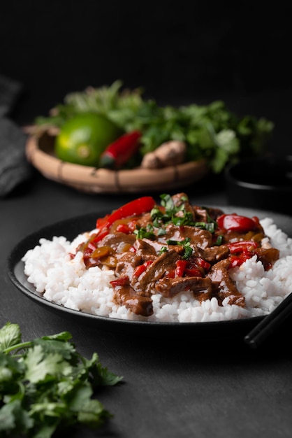 Hoher Winkel des traditionellen asiatischen Gerichts mit Reis und Kräutern