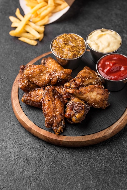 Hoher Winkel von gebratenem Huhn mit verschiedenen Saucen und Pommes Frites