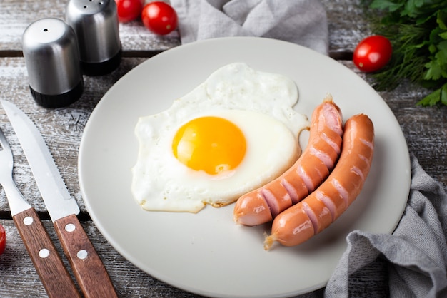 Hoher Winkel von Würsten mit Ei zum Frühstück auf Platte mit Tischbesteck