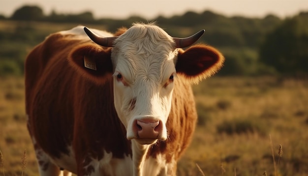 Holsteiner Rinder grasen auf einer grünen Wiese bei Sonnenuntergang, erzeugt durch KI