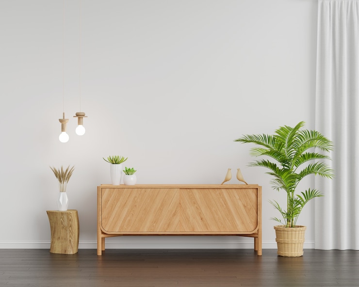 Kostenlose Foto holz sideboard im wohnzimmer interieur mit kopierraum