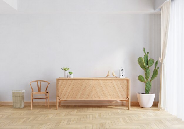 Holz-Sideboard im Wohnzimmer mit Kopienraum 3D-Rendering