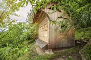 Kostenloses Foto holzbienenhaus umgeben von bäumen auf dem land