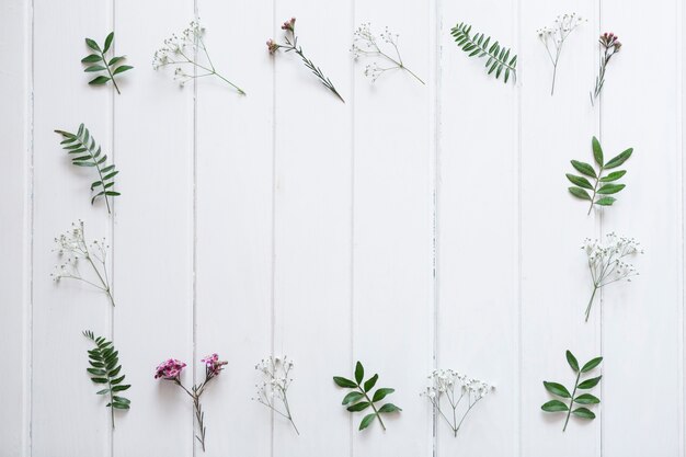 Holzbretter mit dekorativen Blumen bilden einen Rahmen