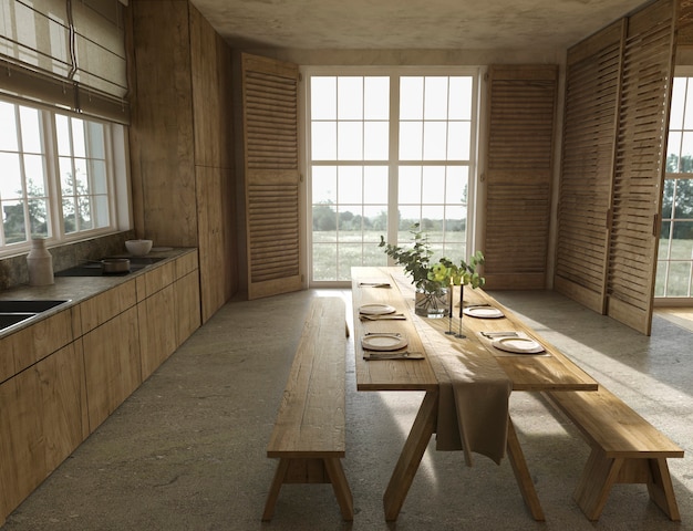 Holzküche und esstisch im skandinavischen landhausstil mit geschirr 3d-rendering-illustration