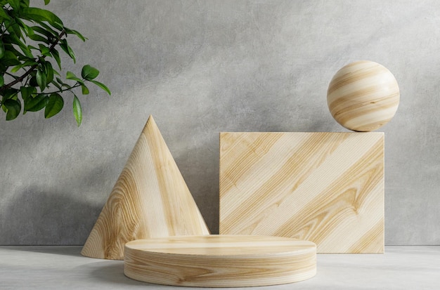 Holzpodium auf tischtheke mit konkretem grunge-texturhintergrund. 3d-rendering