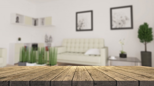 Holztisch 3D, der heraus zu einem defocussed modernen Wohnzimmer schaut